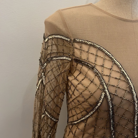 Aidan Mattox beaded illusion deep V-Neckline long sleeve midi dressy dress - Picture 5 of 11